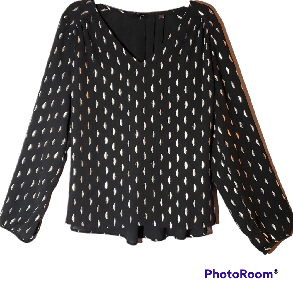 Tahari women's large geometric black w/gold teardrop print. 408